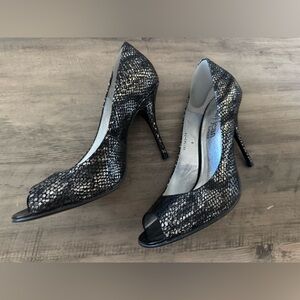 Cathy Jean Black Snakeskin Peep Toe Heels
